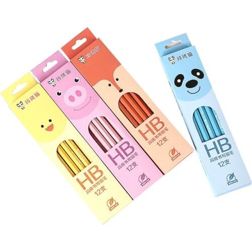 12 Pcs/box Cartoon Animal Pink Panther Leopard HB Wooden Standard Pencils with Erasers Stationery Wooden Lead Pencils Gifts