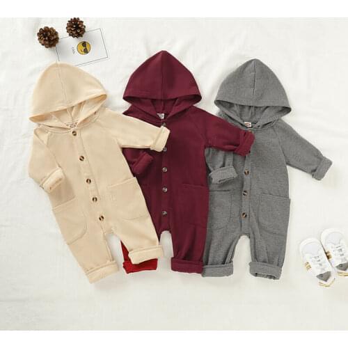 2020 Baby Spring Autumn Clothing Newborn Infant Baby Boys Girls Kid Solid Long Sleeve Hooded Button Pockets Winter Warm Romper