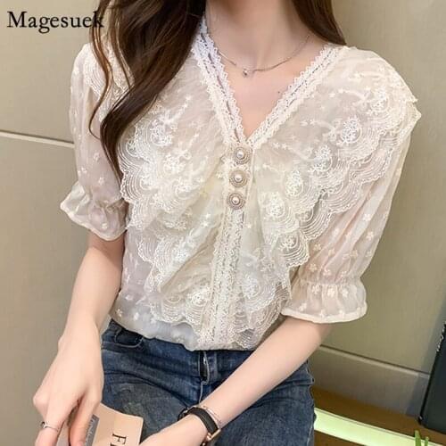 2021 Summer Sweet Lace Women Tops New Short Sleeve V-neck Ruffle Stitching Blouse Crochet Mesh New Chiffon Shirt Blusas 14241