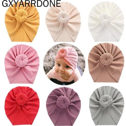 2021 Wholesale Solid Ribbed Topknot Turban Hats for Baby Boys Girls Donuts Beanies Striped Thin Caps Bonnet Newborn Headwraps