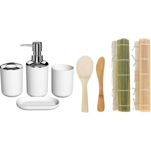 Promotion! Sushi Mold, Rice Roll Mold Cooking Tools Set with 4 Pcs Plastic Bathroom Accessory Set,Bath Toilet Brush Set