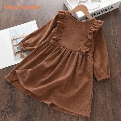 Bear Leader Girl Kids Spring Autumn Dresses 2021 New Fashion Baby Long SLeeve Casual Dress Children Solid Color Costumes 3-7Y