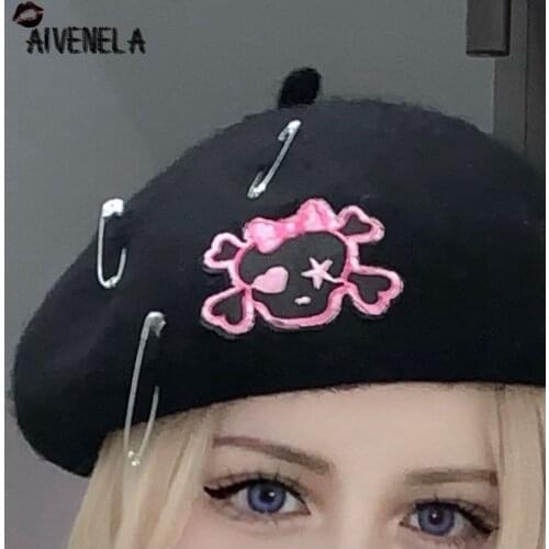 Harajuku Gothic Berets Skull Hat Punk Cool Rock Hot Girls Female Streetwear Boina Hats AFC1222
