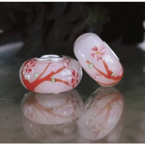 Handmade Cherry Blossom Glass Bead Bracelet Beads sterling silver 925
