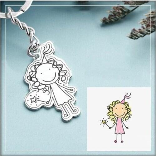 Custom Keychain Childs Drawing 925 Sterling Silver Keychain Kid Keyring Child Artwork Personalized Pet Photo Keychain Gift Mom