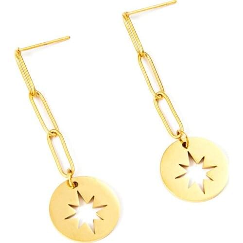 Bohemian Long Chain Dangle Drop Earrings For Women Stainless Steel Hollow Out Round Star Shape Gold Hanging Earrings Wholesale