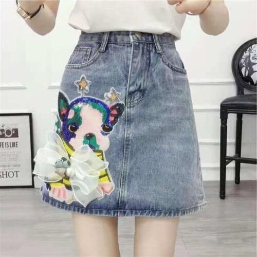 Denim skirt half-length skirt female spring summer Korean high waist fashion slimming lace stitching diamond A-line skirt