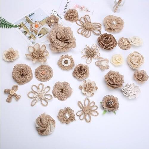 Handmade Jute Burlap Flowers Heads Vintage Bowknot Flower Rustic Wedding Party Decoration Christmas Party DIY Supplies