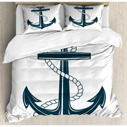 Navy White Duvet Cover Set Iconic Symbol of Maritime Nautical Anchor with a Rope Monochrome Art Decorative 3 Piece Bedding Set