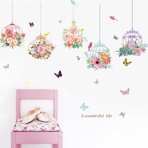 Colourful Flower Bird Cage Butterfly Wall Stickers Pastoral Art Decals Kids Room Decor Living Room Bedroom Background Wallpapers