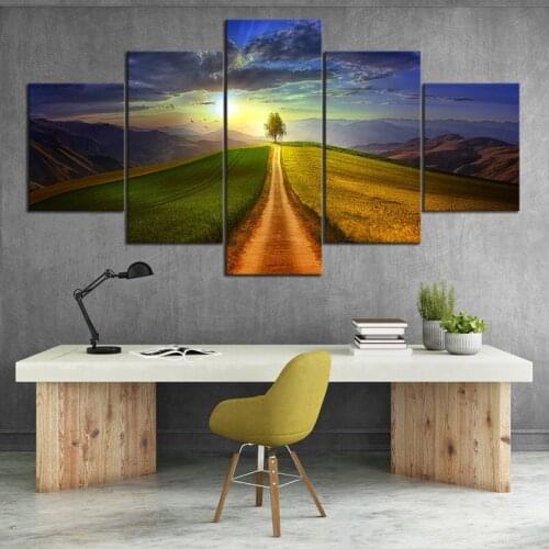 Wall Art Canvas 5 Panel Tree and Prairie Modular Landscape Pictures For Living Room Home Decoration Prints Poster Painting