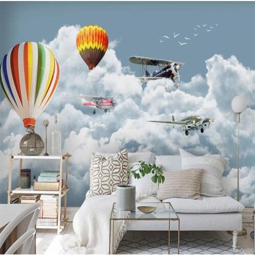 Milofi custom 3D wallpaper mural blue sky white clouds airplane balloon childrens room living room bedroom background wall deco