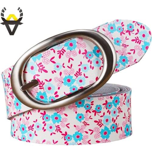 Genuine leather belts for women Fashion printing blue floral woman belt Quality Pin buckle cowskin strap female width 3.5 cm