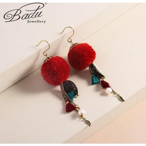 Badu European and American Ethnic Style Bohemian Handemade Fur Ball Tassel Earrings Retro Personality Decorative Jewelry