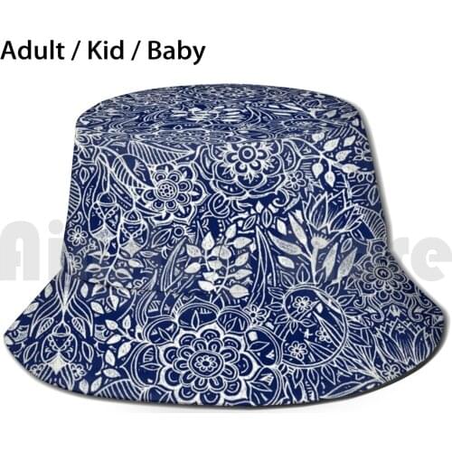 Detailed Floral Pattern In White On Navy Sun Hat Foldable UV Protection White Navy Blue Cream Hand Pencil Leaf