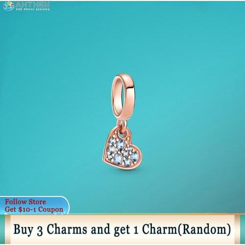 Ahthen 925 Sterling Silver Bead Light Blue Pavé Tilted Heart Dangle Charm fit Original Pandora Bracelets Women Jewelry Making