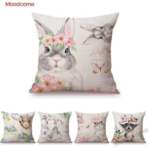 Cute Floral Animals Baby Girl Room Decoration Throw Pillow Case Woodland Baby Panda Bunny Rabbit Goat Cotton Linen Cushion Cover