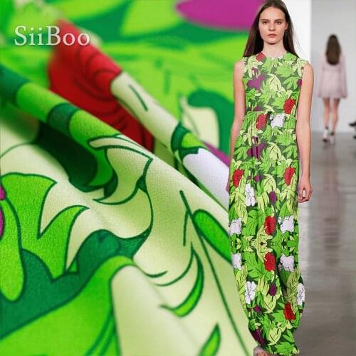 Green red plant print 100% silk crepe de chine fabric for dress natural silk tissu tecidos stoffen 12mm SP4712 FREE SHIPPING