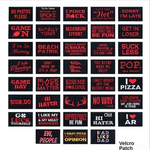 English Motto Embroidery Velcro Patches Red Letters Hook Loop Morale Badges Slogan Tactical Patch for Clothing DIY Cap Appliques