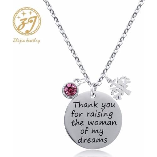 Stainless Steel Letter Tag necklace pendant"thank you for you raising the woman of my dream"with red crystal and tree for lover