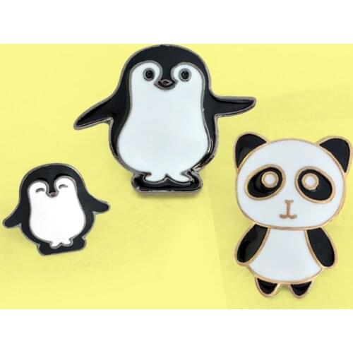 Cute Cartoon Panda Penguin Brooches Black White Animal Mother Baby Family Enamel Pins For Women Broche Lapel Shirt Badge Gift