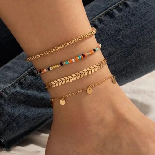 Bohemian Gemstone Beads Anklet Alloy Chians Arrows Pendant Multilayer Anklets 3-piece Set Women Foot Ornament Jewelry Gift