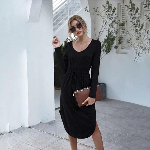 Women Pure Color Lace Up Dress Long Sleeve V-neck Casual Vestidos 2020 Spring Autumn Fashion Draw Back Slit Dresses For Woman