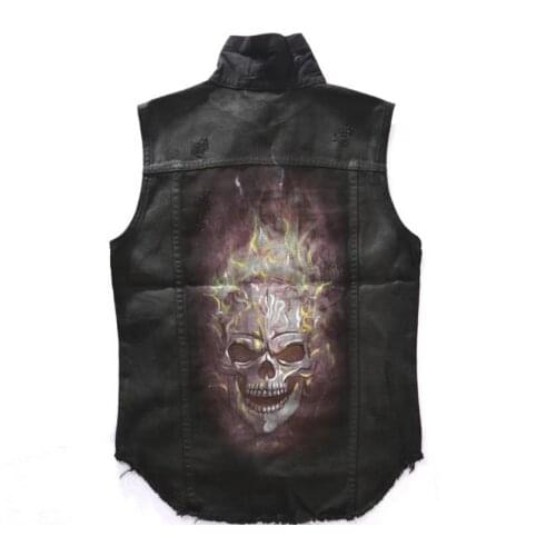 Mens Motorcycle Vest Personality Fashion Skull Print Sleeveless Coat Punk Rock Cowboy Hip Hop Biker Denim Vests Black S-2XL