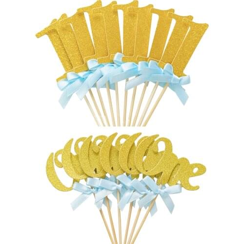 16pcs Gold Blue 1 One Paper Cake Cupcake Toppers First 1st Boy Girl Birthday Party Decorations My I AM One Year Anniversary