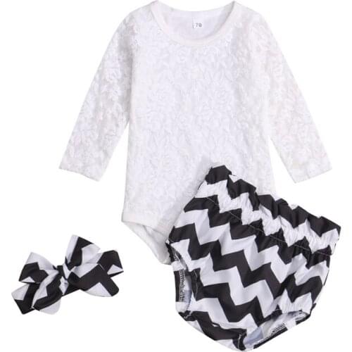 3 Pcs Newborn Casual Outfits Baby Girls Floral Lace Long Sleeve Round Neck Romper + Geometric Pattern Shorts + Headband