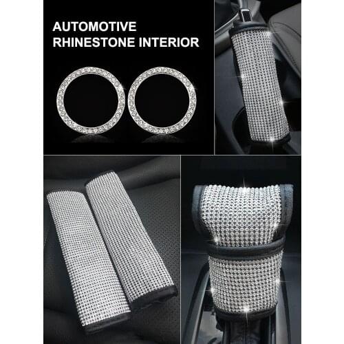 6pcs Shiny Car Interior Set for Women Bling Rhinestone Kit Seat Belt Cover Handbrake Gear Shift Cover Engine Start Button Ring