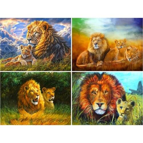 KAMY YI Animals Lions and Cubs Cross Stitch Diamond Painting 5D Diy Embroidery Full Diamond Mosaic Art Craft Home Decoration