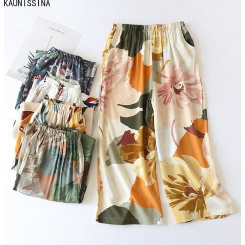 Spring And Summer New Women Floral Sleep Bottoms Wide Leg Loose Cotton Satin Pants Elasticity Waist Ladies Large Homewear Pants