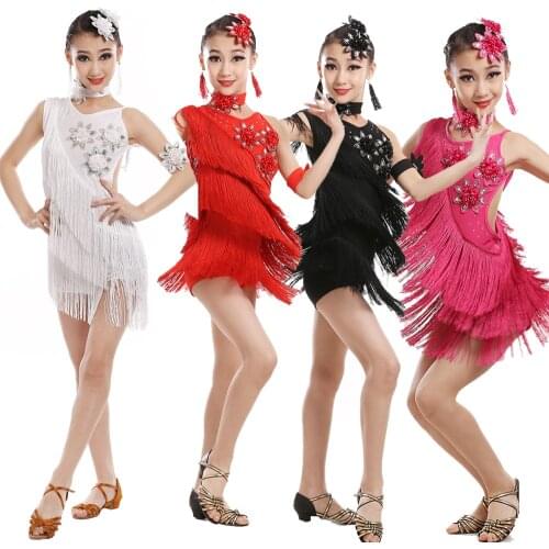 Sequins Tassels Kids Competition Latin Costumes Dance Dresses Girls Gymnastics Party Dancing Dress Stage Outfits Wear Dancewear