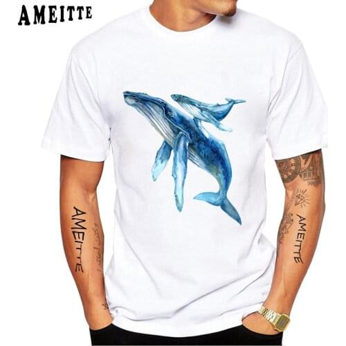 New Summer Men Short Sleeve Funny Whale Art Print T-Shirt Marine Life Animal Design White Casual Tops Hip Hop Cool Boy Tees