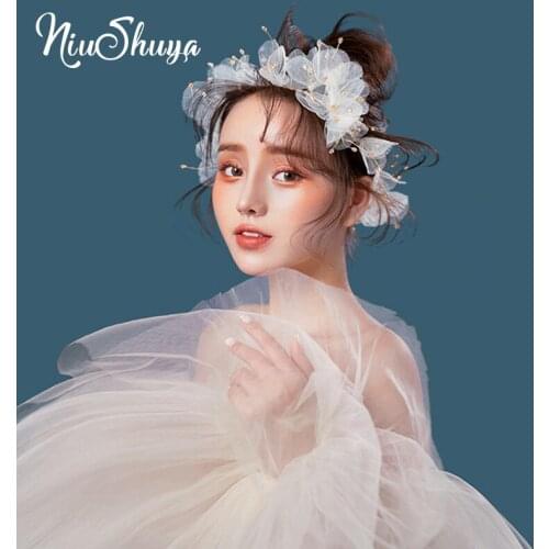 NiuShuya Handmade Silk Yarn Flowers Headwear Headband White Flower Performance Wedding Hair Ornaments Bride Hair Jewelry