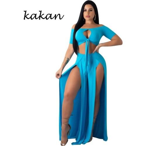 Kakan new womens sexy high slit dress two-piece summer hot casual openwork dress suit