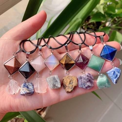 Reiki Chakra Stone Pendulum Rock Pink Purple Crystal Necklace Natural Amethysts Lapis Tiger Eye Pyramid Quartz Pendant Necklace