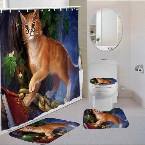 3/4 Pieces Pet Cats Shower Curtains Sets Lovely Cats Carpet Gift For Kids Toilet Mat 3D Print Cartoon Cute Animal Bathroom Set