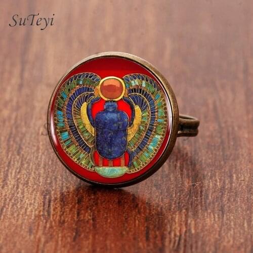 SUTEYI 2020 Fashion Round Glass Egyptian Scarab Ring Ancient Egypt Art Picture Jewelry Egypt Rings Egyptian Jewellery For Women