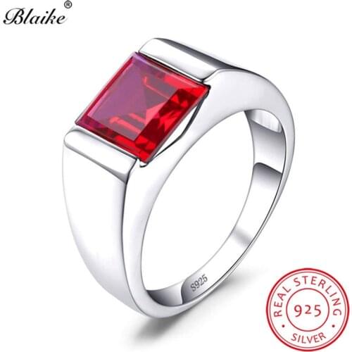 Boho Real s925 Sterling Silver Wedding Rings For Men Women Red Ruby Stone Square Zircon Engagement Ring Male Party Fine Jewelry