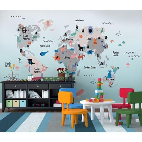 Newest 3d Cartoon abstract World Map Wall Mural for Kids Room Kindergarten 8d Animal Photo wall Mural Wallpaper Mural Decor
