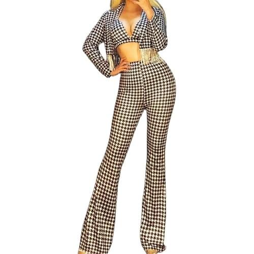 Personality Women Long Bell-Bottomed Pants Houndstooth Fashion Outfit Birthday Prom Party Show Performance Stage Wear