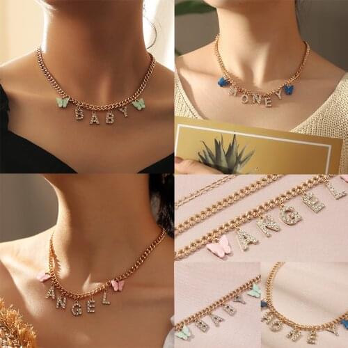 Fashion Choker Necklace for Women Butterfly Pendant BABY HONEY ANGEL Crystal Zircon Letters Necklaces Girls Fine Jewelry Gift