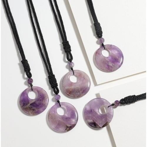 QIMOSHI Natural Stone Lucky Coin Pendant Necklace Women Men Reiki Healing Round Donut Crystal Jewelry Adjustable Braided Cord