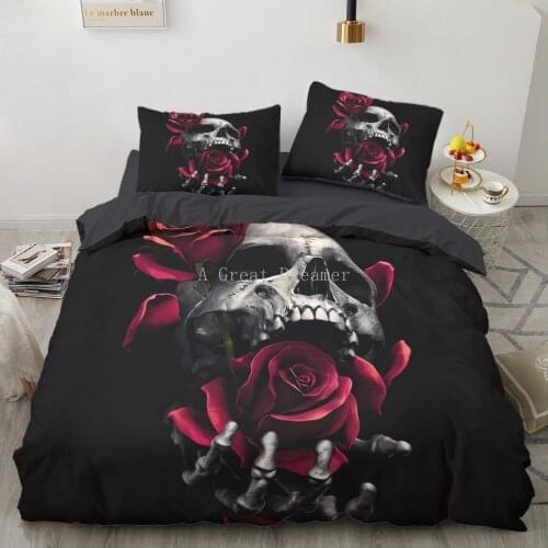 Luxury 3D Skull Rose Bedding Sets Flower Skeleton Duvet Cover Print Comforter For Queen Size 2/3pcs Terror Bed Linen
