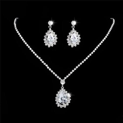 Luxury Female Crystal Flower Jewelry Set Charm Silver Color Dangle Earrings For Women Cute Bride Zircon Wedding Chain Necklace