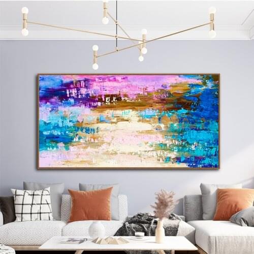 Modern minimalist living room porch vertical blue purple aurora hand-painted oil painting large mural decoration painting