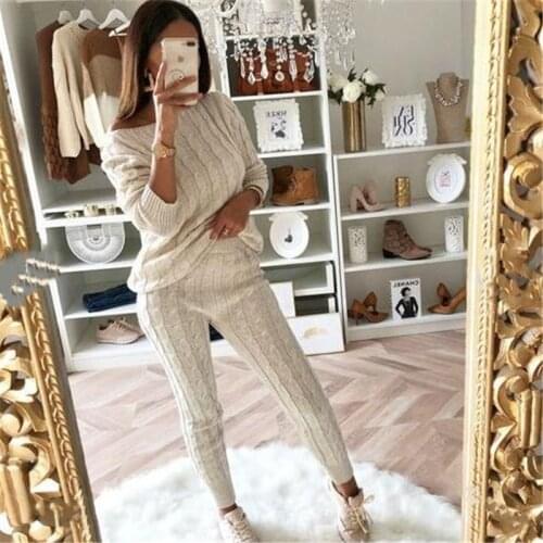 2020 Autumn Womens arrival Solid 2 Piece Set Casual Knitted Tracksuit Sportswear Warm Sweater + Long Pants Outfits