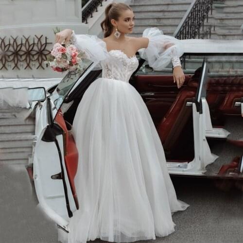 Sweetheart Tulle Appliques Bridal Gowns With Detachable Puff Sleeve A Line Wedding Dress 2021 Vestido De Noiva Bridal Gown